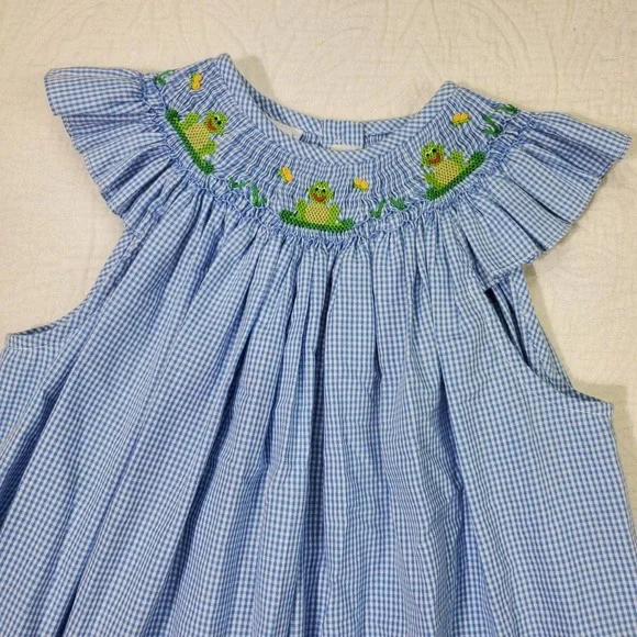 Boutique Dresses | Collection Bebe Dress Girls Sz 6 Blue Bishop Smocked Dress Frog Gingham Boutique | Color: Blue | Size: 6g | Nostalgicbabyv's Closet